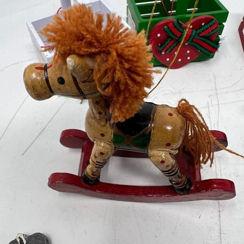 Wooden Christmas Ornaments Rocking Horse Sled Windmill Tree Holiday Lot‎ of 11